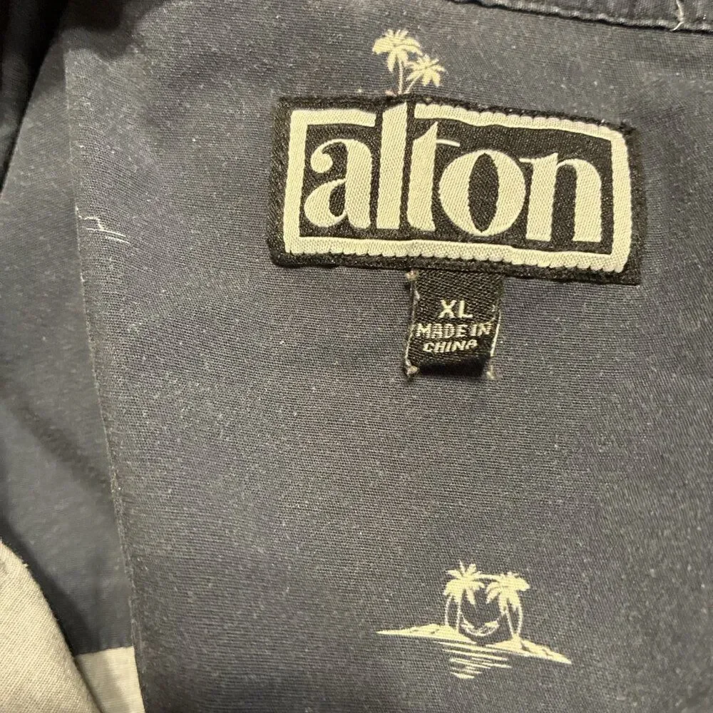 Alton Mens Dark Blue White Palm Tree Print Short Sleeve Button Down Shirt Xl